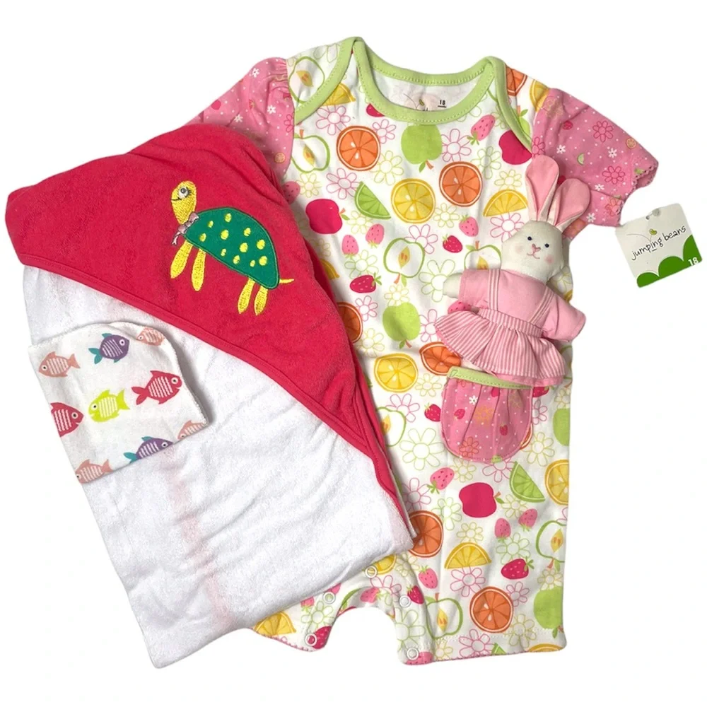 Girl One Piece Flower Outfit Set 4 Pc Bundle Bunny Toy Hooded Towel Washcloth